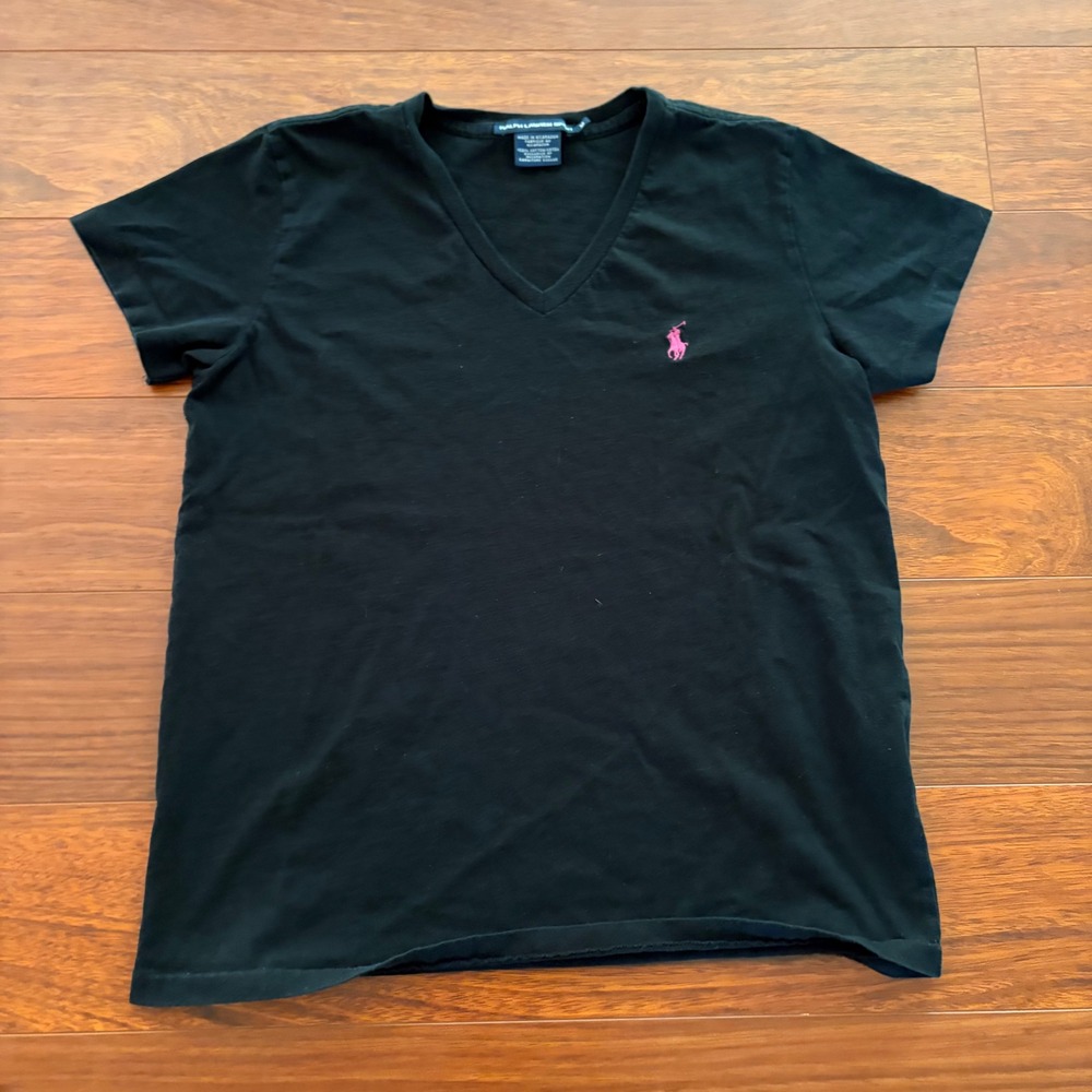 Ralph Lauren Sport Mens V-Neck T-Shirt Size M Black Pink Pony Logo Cotton Tee